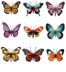 A beautiful collection of nine colorful watercolor butterflies isolated on a white background.