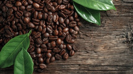 Coffee beans and green leaves on rustic wooden background.