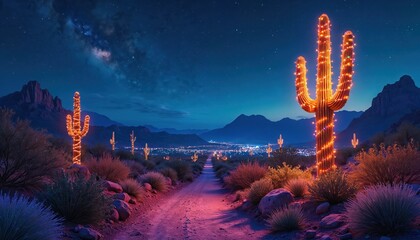 Saguaro cacti in desert landscape at night glow with xmas lights. A distant town twinkles under starry sky. Festive lights on desert plants, magical scene.