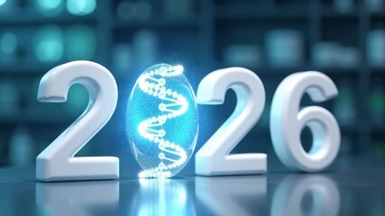 2026 numbers with glowing dna double helix sphere on futuristic laboratory background. Biotech concept of research brands and science promotions. - Powered by Adobe