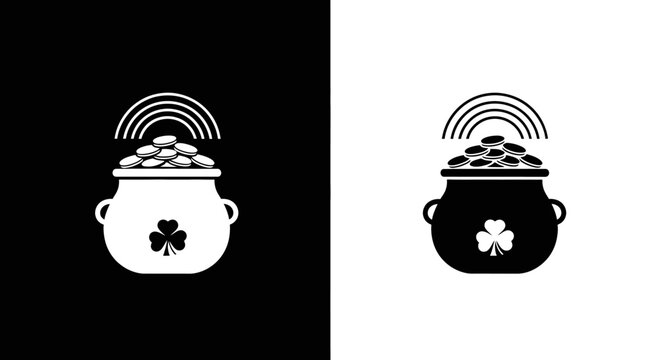 St Patricks Day Vector Icon with Pot of Gold Shamrock and Rainbow