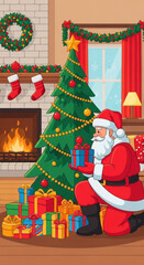 Santa Claus kneeling by Christmas tree and holding a gift  