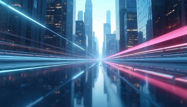 Futuristic city street with speeding neon light trails at night. Wet road reflects glowing data streams between modern glass skyscrapers. Concept of digital transformation, big data, progress, urban