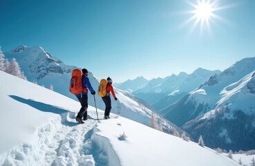 Two hikers walk up snowy mountain path with big backpacks on sunny day. People trek through winter landscape enjoying clear blue sky and sun.