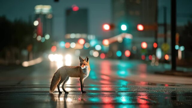 A red fox stands on a wet city street at night. Bright traffic lights illuminate the scene, reflecting off the pavement.