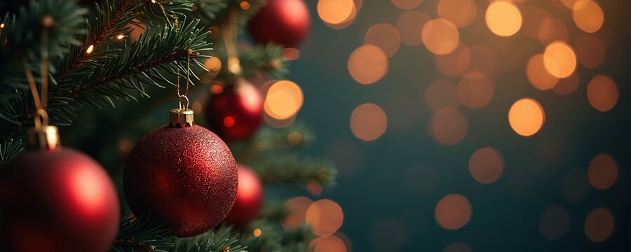 Close up view of shiny red Christmas baubles on green pine branches. Blurred warm bokeh lights create festive holiday atmosphere. Greenery decorates winter season.