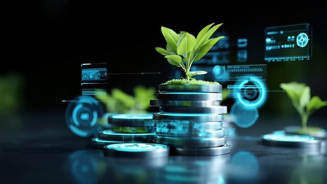 A stack of coins with small green plants growing from them. Digital interface elements are visible in the background, symbolizing sustainable finance and growth.