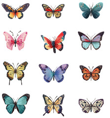 A beautiful collection of twelve colorful butterflies isolated on a white background.