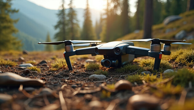 Drone on ground with mountains background. Modern drone, ready for flight in nature. Remote controlled aircraft rests on ground. Drone equipped with camera for video and photo.