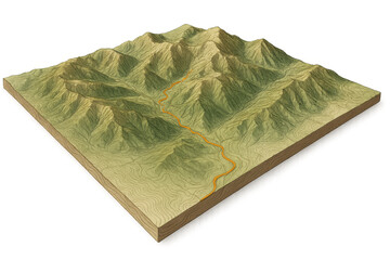Isometric 3d topographic map showing mountain range terrain with an orange path on a transparent background
