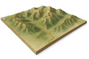 Isometric 3d topographic map showing mountain range terrain with an orange path on a transparent background