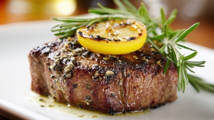 A beautifully grilled steak is topped with a slice of lemon and fresh herbs. The dish is arranged on a white plate, presenting a delicious centerpiece for a meal.