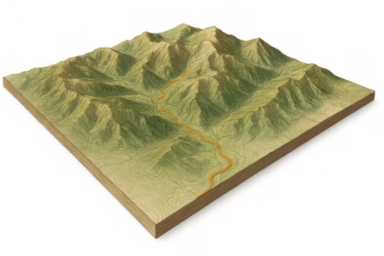 Isometric 3d topographic map showing mountain range terrain with an orange path on a transparent background