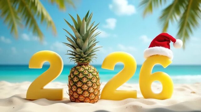 2026 numbers against tropical beach with palm trees, pineapple instead of zero. Festive holiday concept of travel brands and christmas promotions.