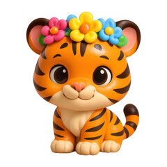 PNG Cute tiger with colorful flowers.