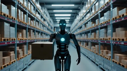 Futuristic Warehouse Automation: Robot Carrying Cardboard Box in Modern Distribution Center with Shelves and Inventory, High-Tech Logistics and Artificial Intelligence - Powered by Adobe