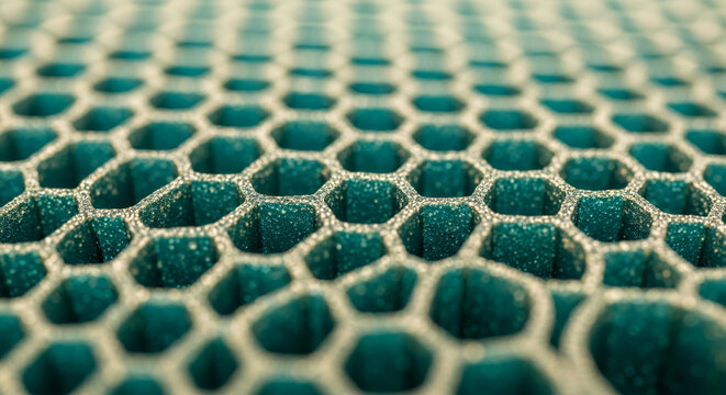 Close-up of a green, hexagonal pattern with textured borders, forming a repetitive structure, representative of cellular network or engineered material