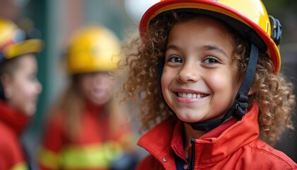 Young child in firefighter helmet and jacket smiles. Other kids wear similar gear in class. Fire safety education and training for young students is important.