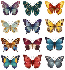 A beautiful collection of twelve different colorful butterfly species.