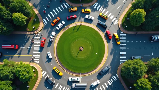 Aerial view of roundabout with green grass and trees around. Cars and taxis drive around circle, people walk on pedestrian crossings, vehicles move on road, traffic circle in city.