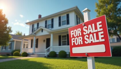 Red for sale sign in front of a white suburban house. Green grass lawn and trees surround property. Sunny day signifies ideal home buying conditions. Buying selling real estate.