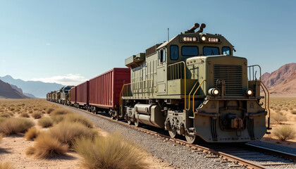 Obraz premium Military train travels through desert landscape. Green locomotive pulls red, green shipping containers on tracks. Desert plants, mountains in background. Train moves through isolated area under clear