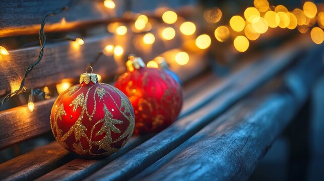 Sparkling red Christmas ornaments gleam on a rustic wooden bench beneath a festive string of warm bokeh lights, evoking holiday magic and cozy winter cheer. - Powered by Adobe