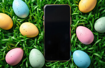 Smartphone mockup with blank screen rests on bright green grass surrounded by colorful pastel Easter eggs. Space for text and holiday greetings. Top down view of spring celebration.