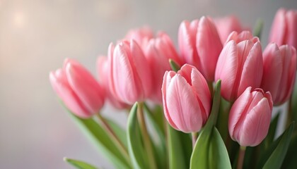 Naklejka premium Soft pink tulips bloom in a close-up view. Delicate petals unfurl, showing green stems and leaves. Gentle light illuminates the floral bunch, evoking spring.