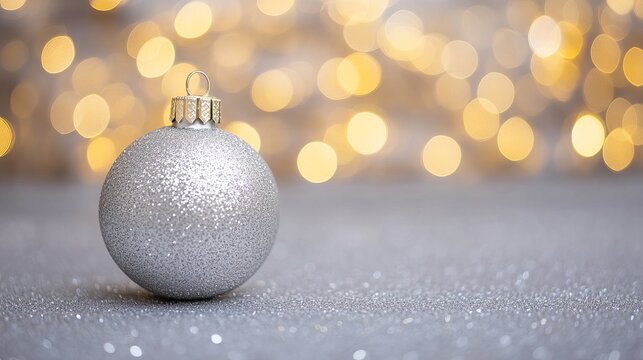Sparkling silver Christmas ornament glistens against a soft bokeh background of warm golden lights, evoking festive joy and elegant holiday celebration.