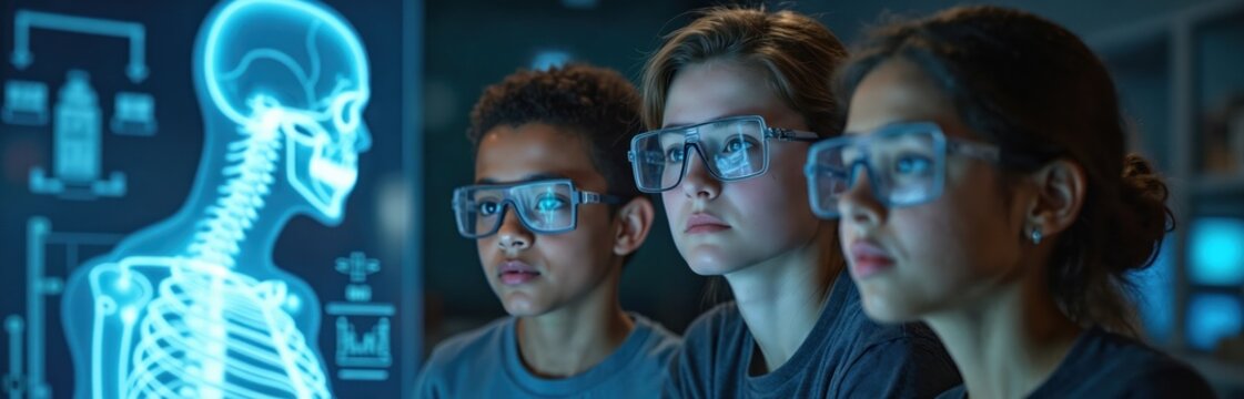 Students use augmented reality glasses to study a holographic human skeleton in a classroom lab. They interact with digital medical overlays learning anatomy and science. - Powered by Adobe