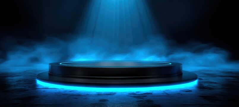 black stand with pulsing blue neon sale banner