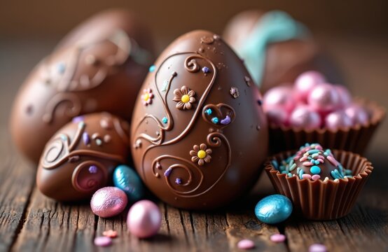 Easter chocolate eggs decorated with swirls, flowers sit on wooden surface. Smaller foil-wrapped candies, truffles surround main eggs. Festive assortment for holiday celebration, sweet indulgence. - Powered by Adobe