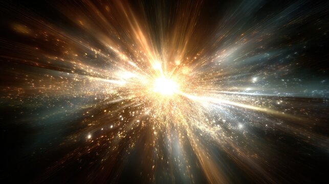 A bright explosion of light erupts in deep space, surrounded by swirling cosmic particles. The scene captures the beauty and power of a stellar event, showcasing vibrant colors and energy.