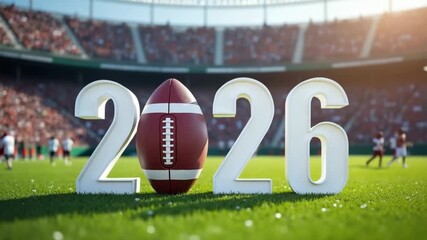 2026 numbers with american football on field in stadium sport, event concept of championship promotions.