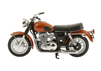 A classic orange and black motorcycle with chrome details, isolated on a white background.