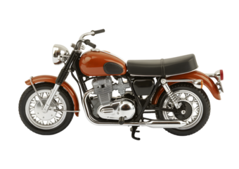 A classic orange and black motorcycle with chrome details, isolated on a white background.