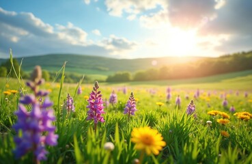 Obraz premium Purple and yellow flowers bloom on rich green meadow under bright sunlit sky. Rolling hills in distance are covered with trees. This serene natural landscape evokes feelings of peace and renewal.