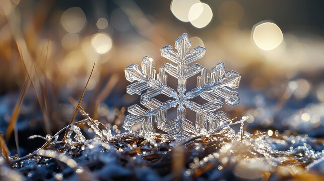 Stunning macro view of a delicate ice crystal snowflake glistening on frosted grass, capturing winter's intricate beauty with warm bokeh lights