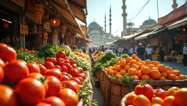 Vibrant Middle Eastern street market colorful fresh produce stalls. Red tomatoes, bright oranges, green vegetables pile high for sale. People walk, shop, buy food at busy outdoor bazaar. Mosque with