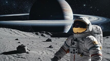 An astronaut in a white spacesuit conducts an extra-vehicular activity, working on a metal satellite structure. The scene is set against a vibrant purple nebula and dense field of stars in deep space. - Powered by Adobe