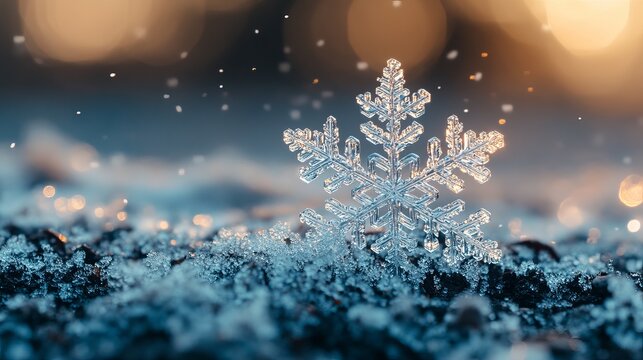 Stunning macro detail of a crystal snowflake sparkling with delicate ice formations against a soft bokeh background, capturing winter's fragile beauty.
