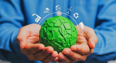 Hands holding a green sphere with environmental icons, representing sustainability and eco-friendliness.