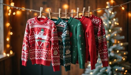 Colorful ugly Christmas sweaters hang on a clothesline with bokeh lights and a tree. Festive winter holiday attire for parties and celebrations. Warm wool jumpers with fun designs.