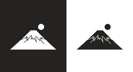Minimalist Mountain Icon Vector Set of a Stylized Fuji with Sun in Black and White