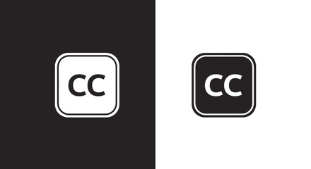 Monochrome Closed Captioning CC Icon Set on Black and White Backgrounds.