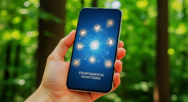 A hand holding a smartphone displaying an environmental monitoring app with various ecological icons against a green nature background.