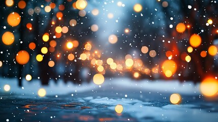 Naklejka premium Magical winter night scene with glowing bokeh lights and falling snow creating a festive, enchanting atmosphere for holiday celebrations