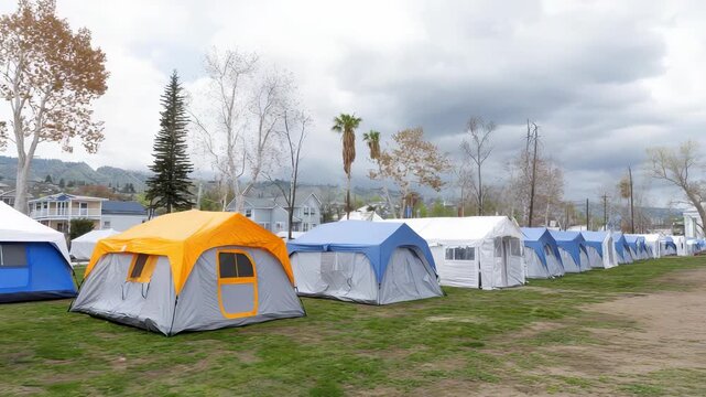 Organized Tent City on Grassy Field with Housing in Background, Providing Temporary Shelter for Displaced People or Emergency Housing