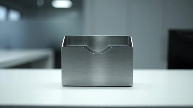 Metal box on a white table in an office setting, minimalist design.